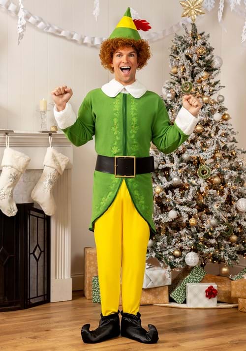 a man dressed as Buddy the Elf with green top and yellow pants
