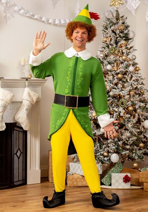 a man dressed as Buddy the Elf waving at the camera in a green and yellow costume