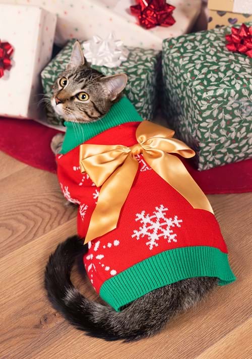a cat wearing a red and green Christmas sweater with a bow on top