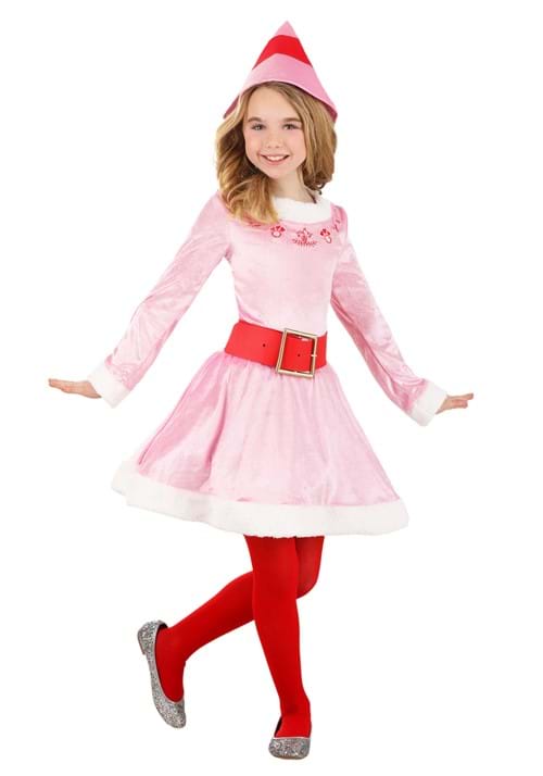 a pink elf costume with red belt buckle and red stocking