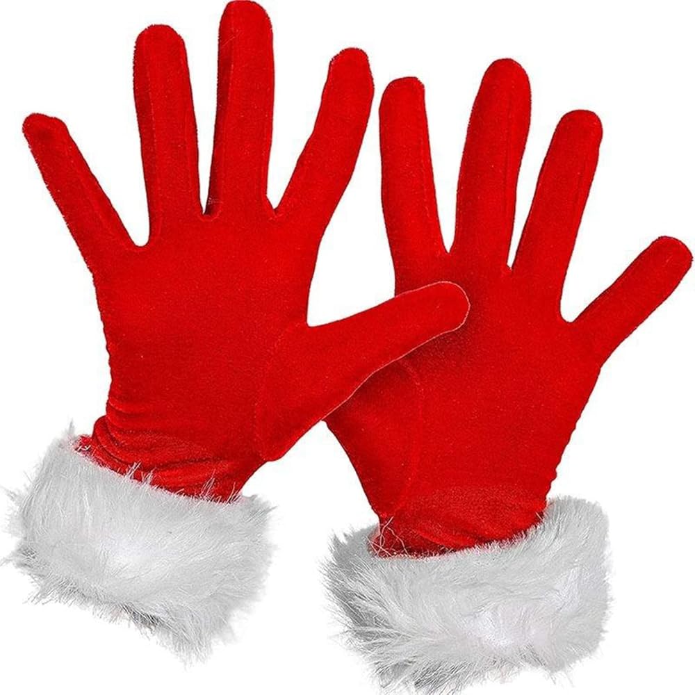 a pair of red velvet Santa gloves with white furry cuffs